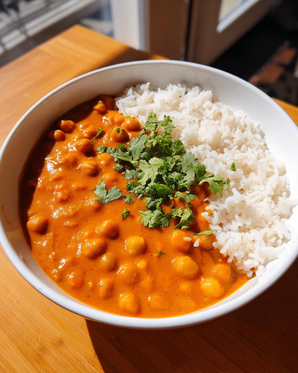A bowl of bright orange pumpkin curry with chickpeas, served next to fluffy white rice and topped with fresh cilantro.