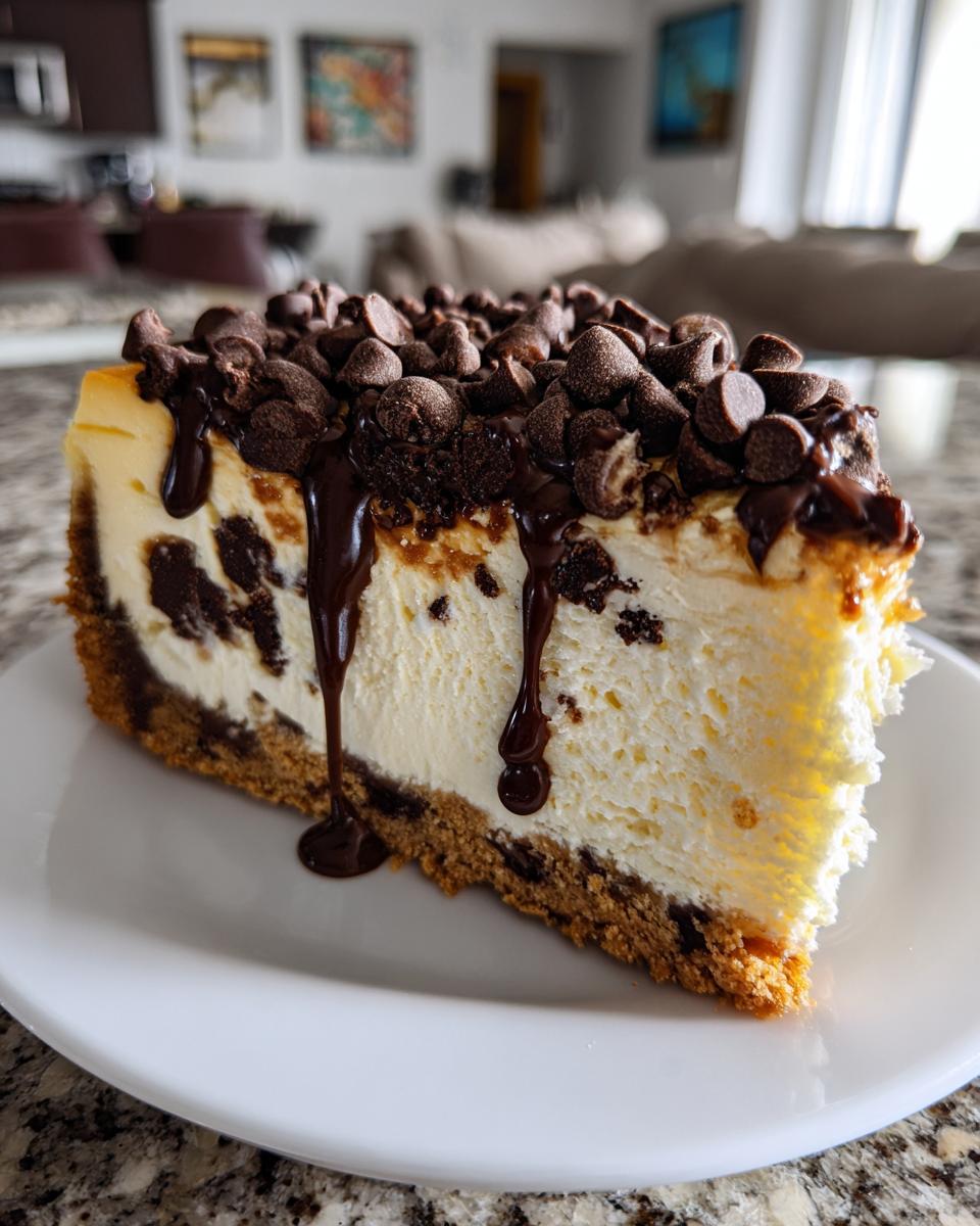 A decadent slice of chocolate chip cheesecake topped with mini chips and chocolate syrup drizzle.