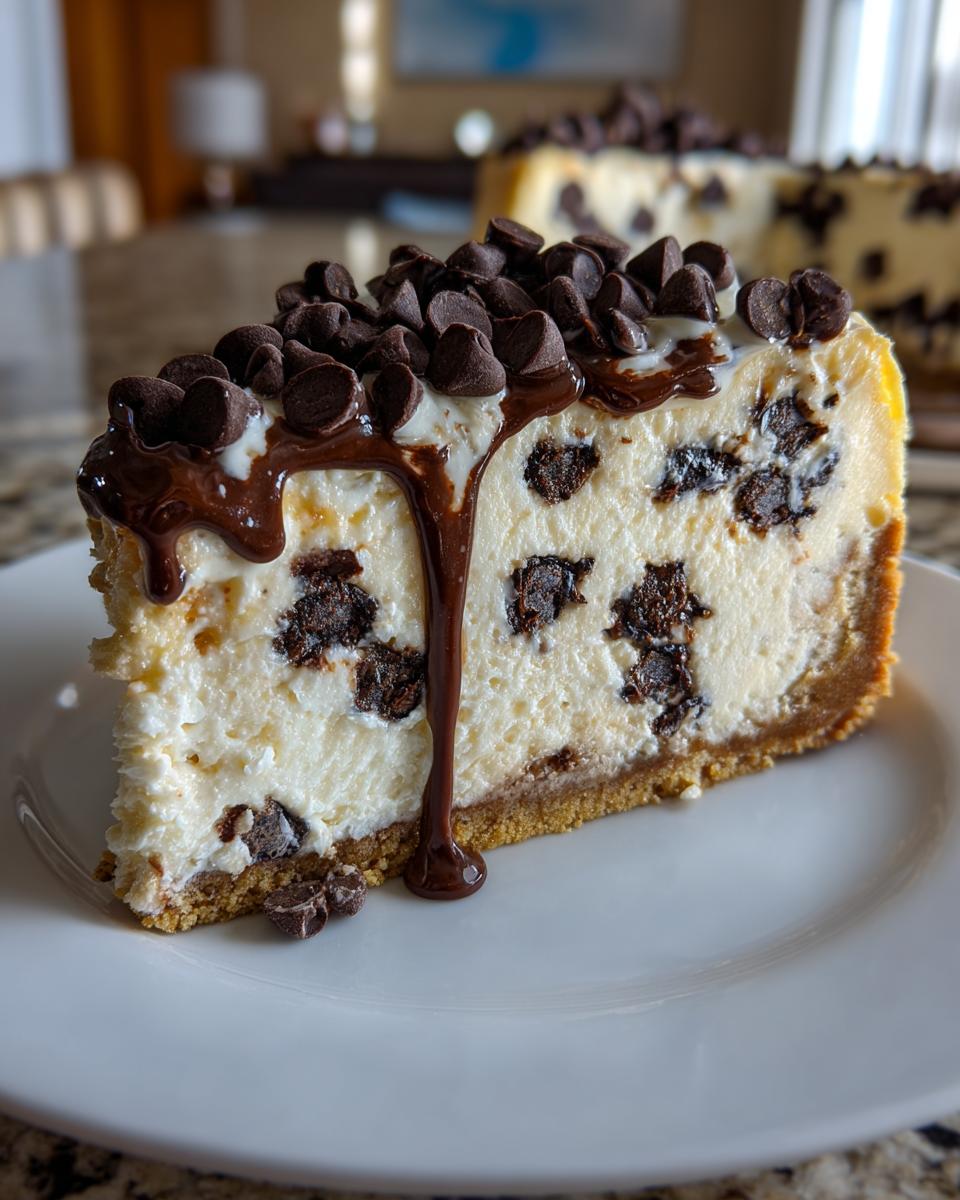 A decadent slice of chocolate chip cheesecake with a graham cracker crust, topped with chocolate chips and fudge drizzle.