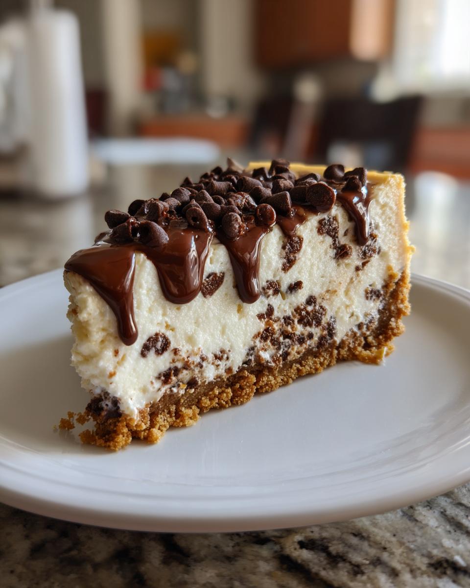 A decadent slice of chocolate chip cheesecake with a graham cracker crust, topped with chocolate chips and fudge drizzle.