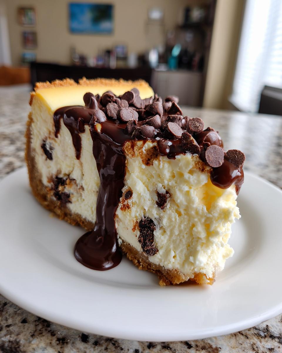 A rich slice of chocolate chip cheesecake topped with chocolate chips and drizzled with fudge sauce.