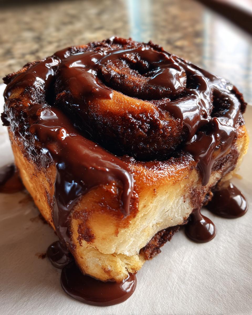 A close-up of a freshly baked chocolate cinnamon rolls generously topped with thick, glossy chocolate glaze dripping down the sides.