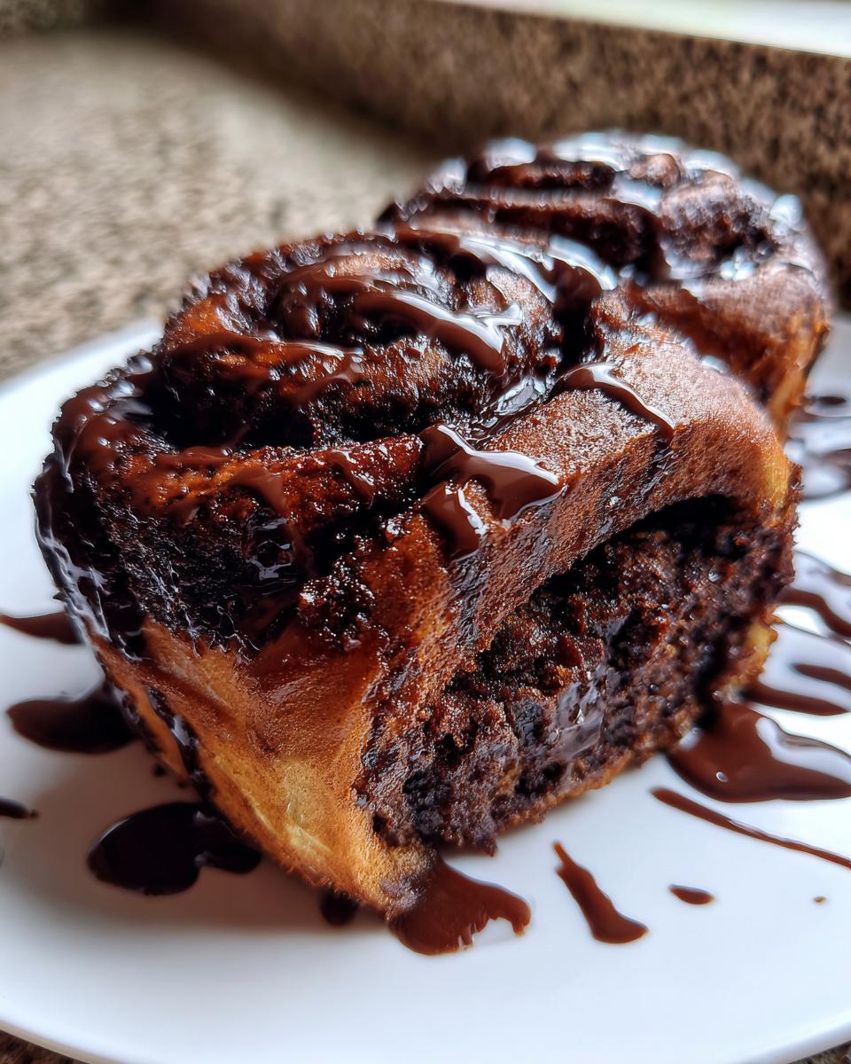 Close-up of a rich, gooey chocolate cinnamon rolls slice heavily drizzled with dark chocolate sauce on a white plate.
