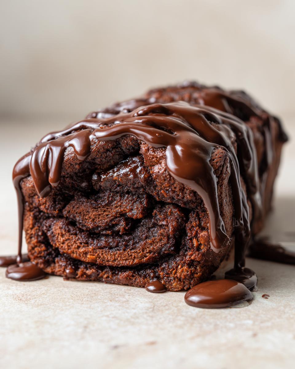 Close-up of a baked loaf of chocolate cinnamon rolls generously drizzled with thick chocolate glaze.