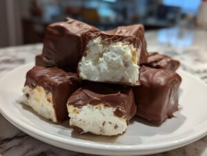 A stack of homemade chocolate-covered cool whip candy bars, one cut open showing the creamy white filling.