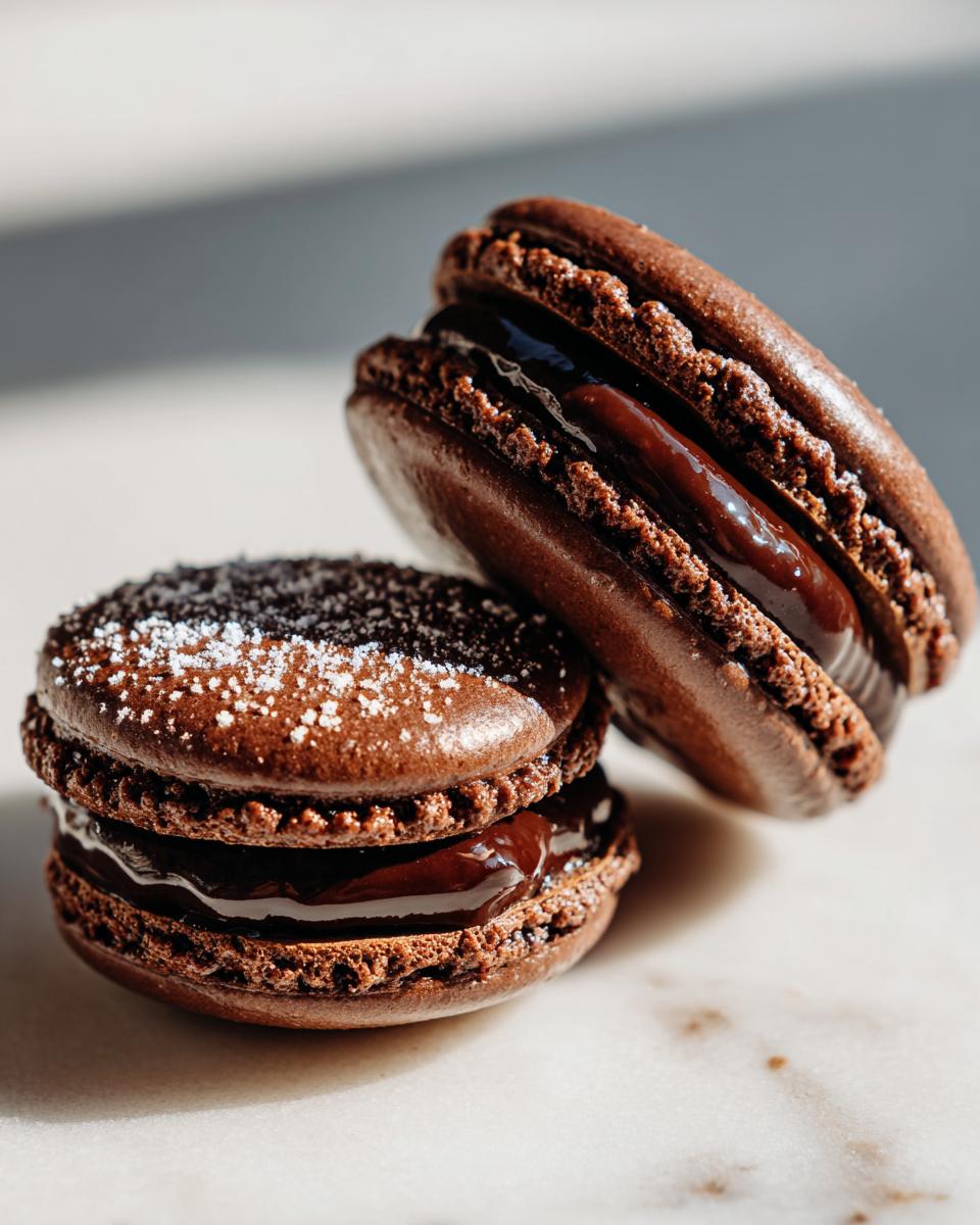 Two decadent chocolate macarons filled with glossy ganache, one dusted with powdered sugar.