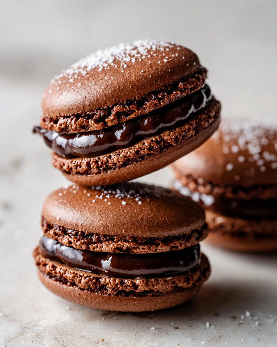 Two stacked, rich brown chocolate macarons filled with glossy ganache and dusted with powdered sugar.
