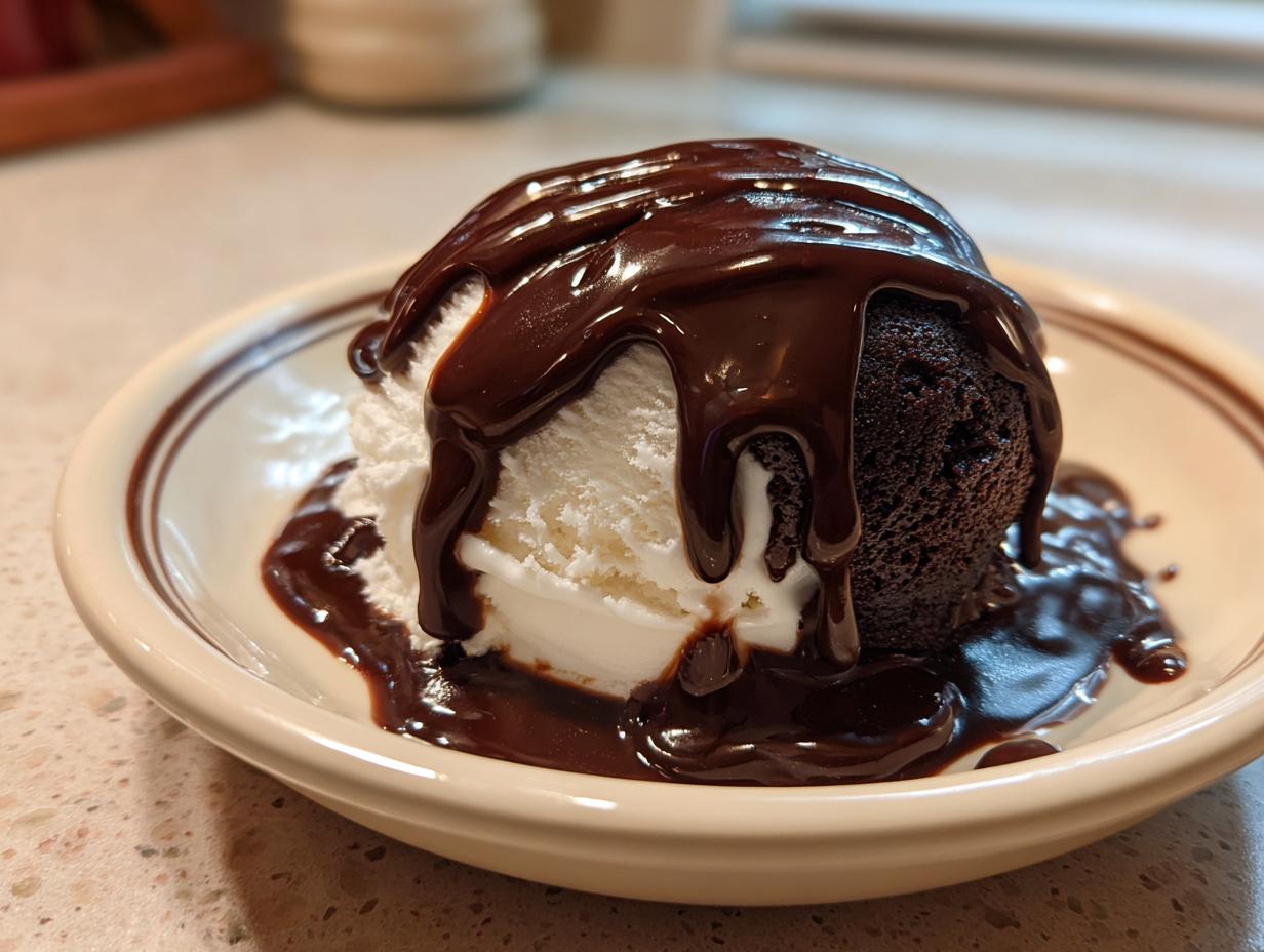 A scoop of vanilla ice cream and a brownie topped with rich, glossy chocolate sauce recipe.