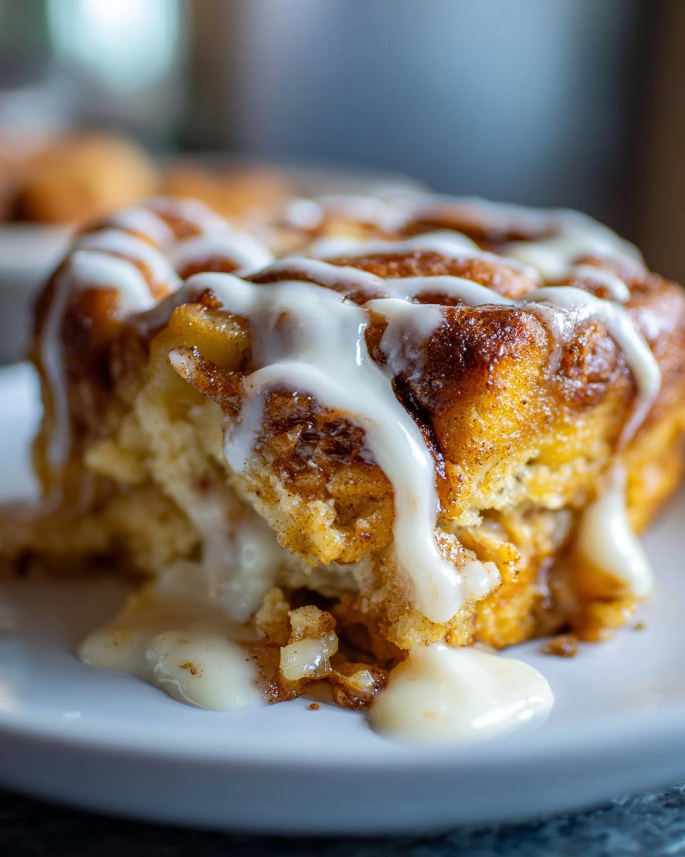 Close-up of a gooey, iced portion of cinnamon roll apple pie showing rich cinnamon filling and dripping white frosting.