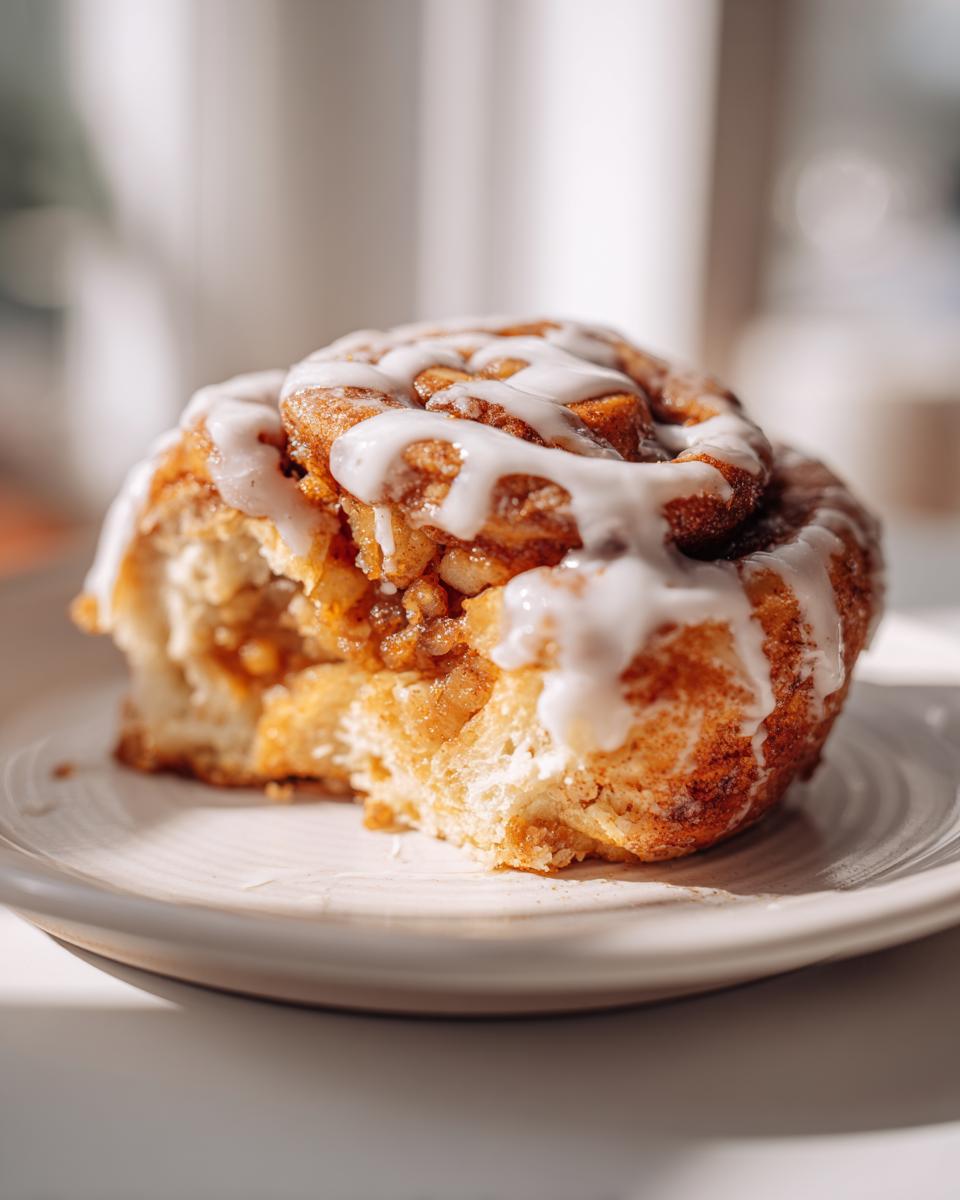 A close-up of a single, gooey cinnamon roll apple pie swirl topped with white icing.