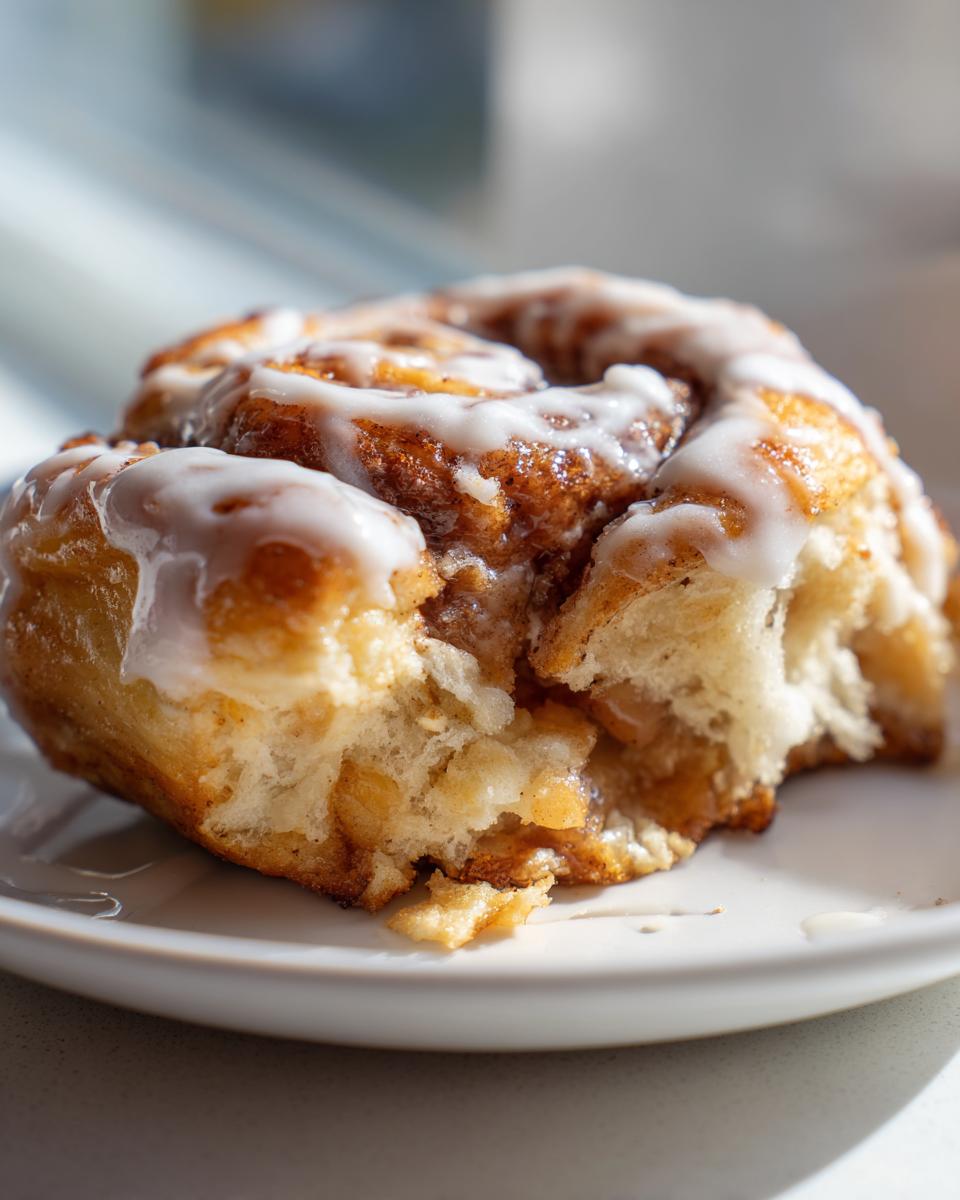 Close-up of a gooey, iced cinnamon roll apple pie hybrid with a bite taken out.