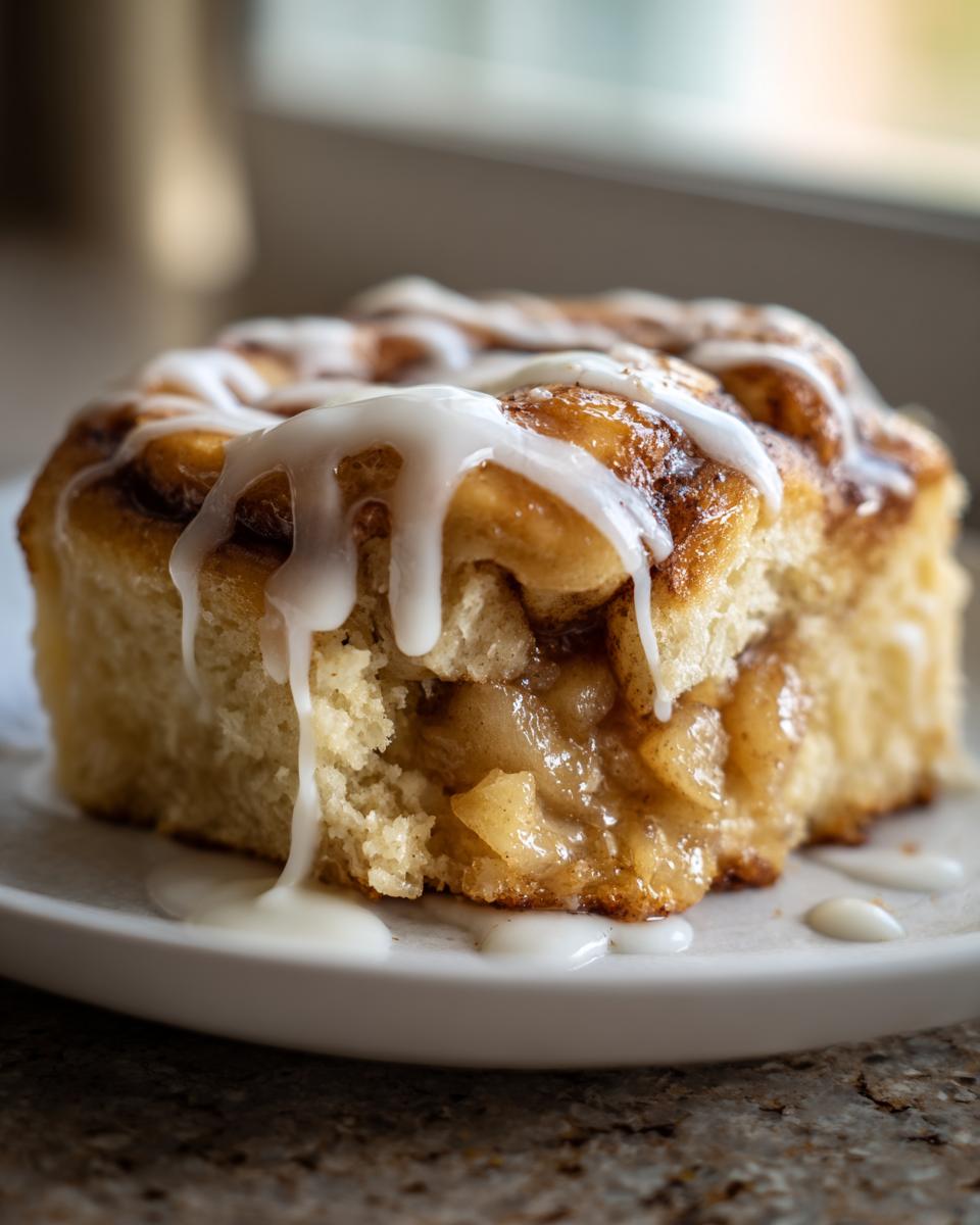 A close-up of a single, gooey cinnamon roll apple pie slice topped with thick white icing dripping down the sides.