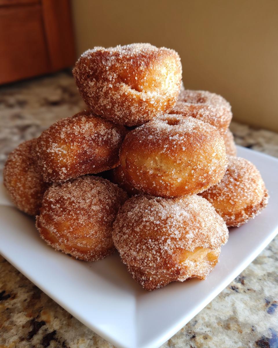 A close-up stack of freshly made, golden brown mini donuts heavily coated in cinnamon sugar.