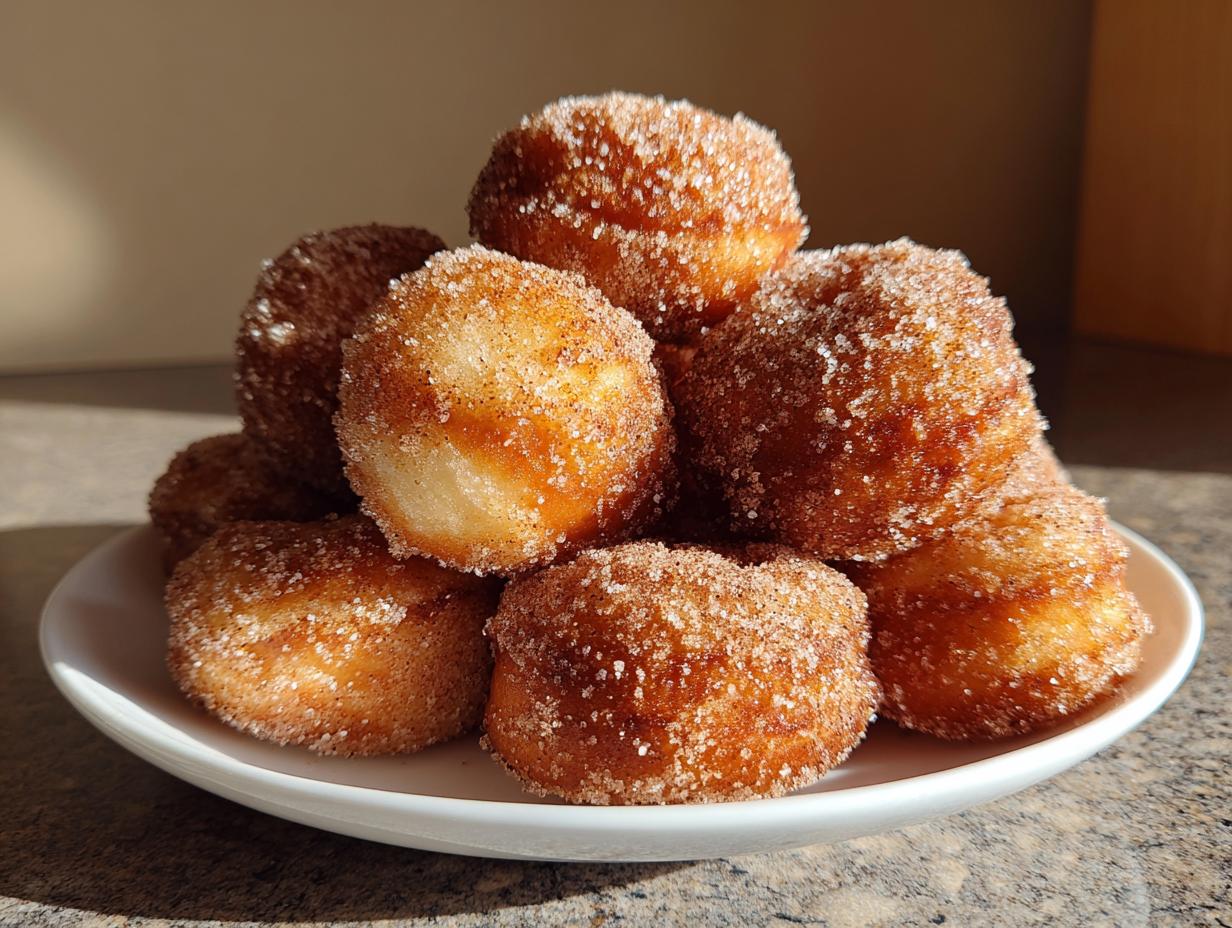 A stack of golden brown, freshly made mini donuts coated heavily in cinnamon sugar, resting on a white plate.