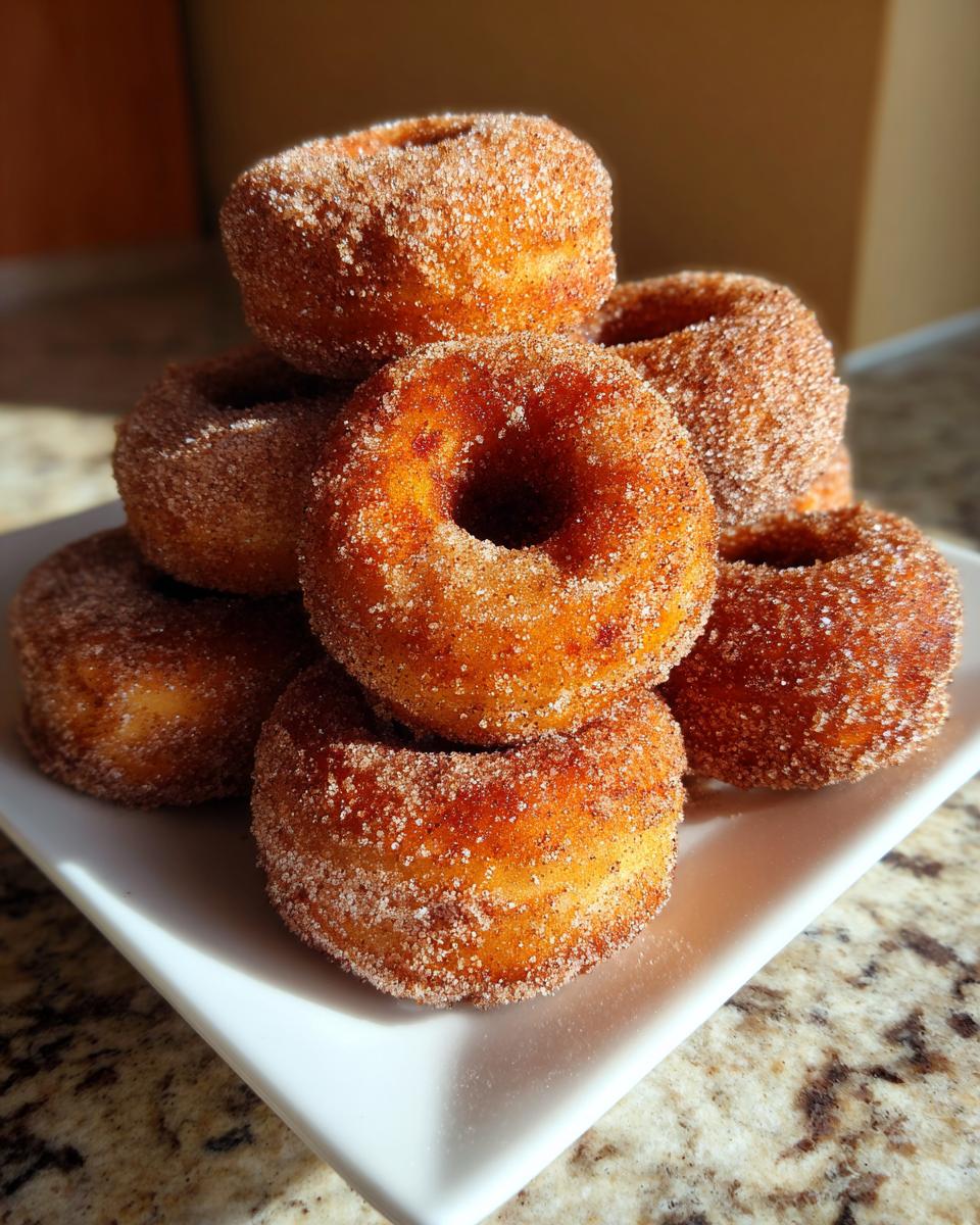A stack of freshly made, golden brown mini donuts heavily coated in cinnamon sugar.