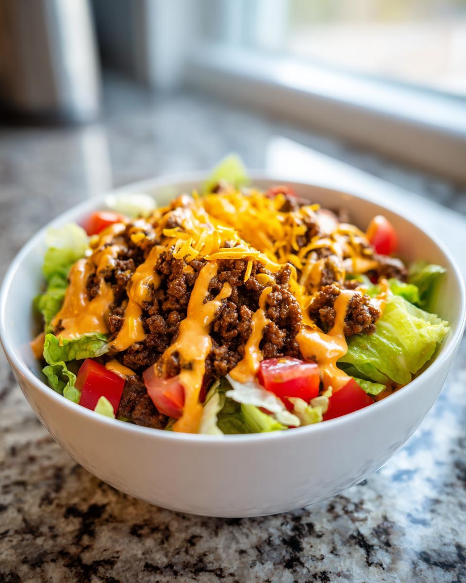 A close-up of a fresh taco salad featuring seasoned ground beef, shredded cheese, and orange dressing over lettuce and tomatoes.