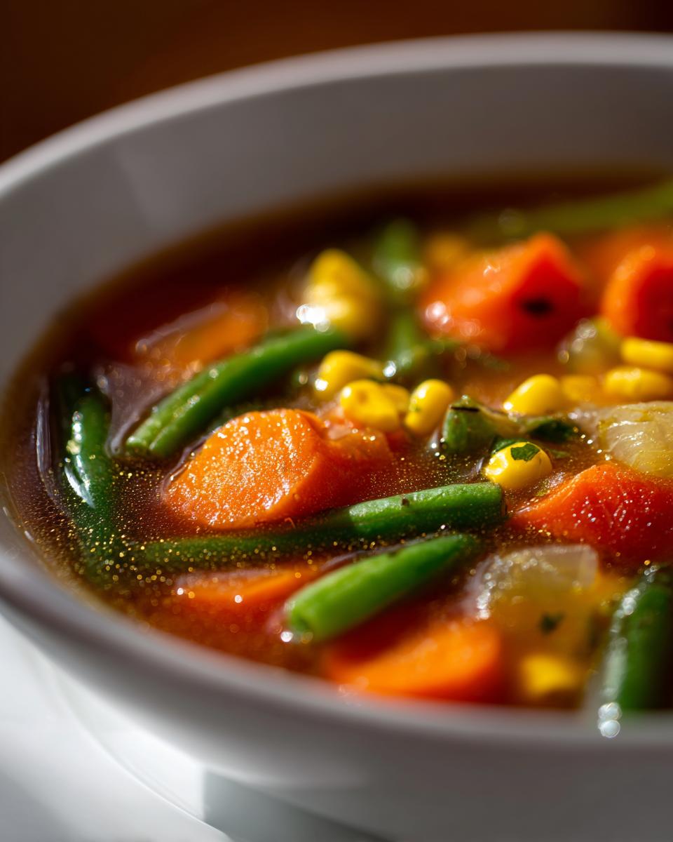 Close-up of a white bowl filled with rich broth vegetable soup featuring bright orange carrots, green beans, and yellow corn.
