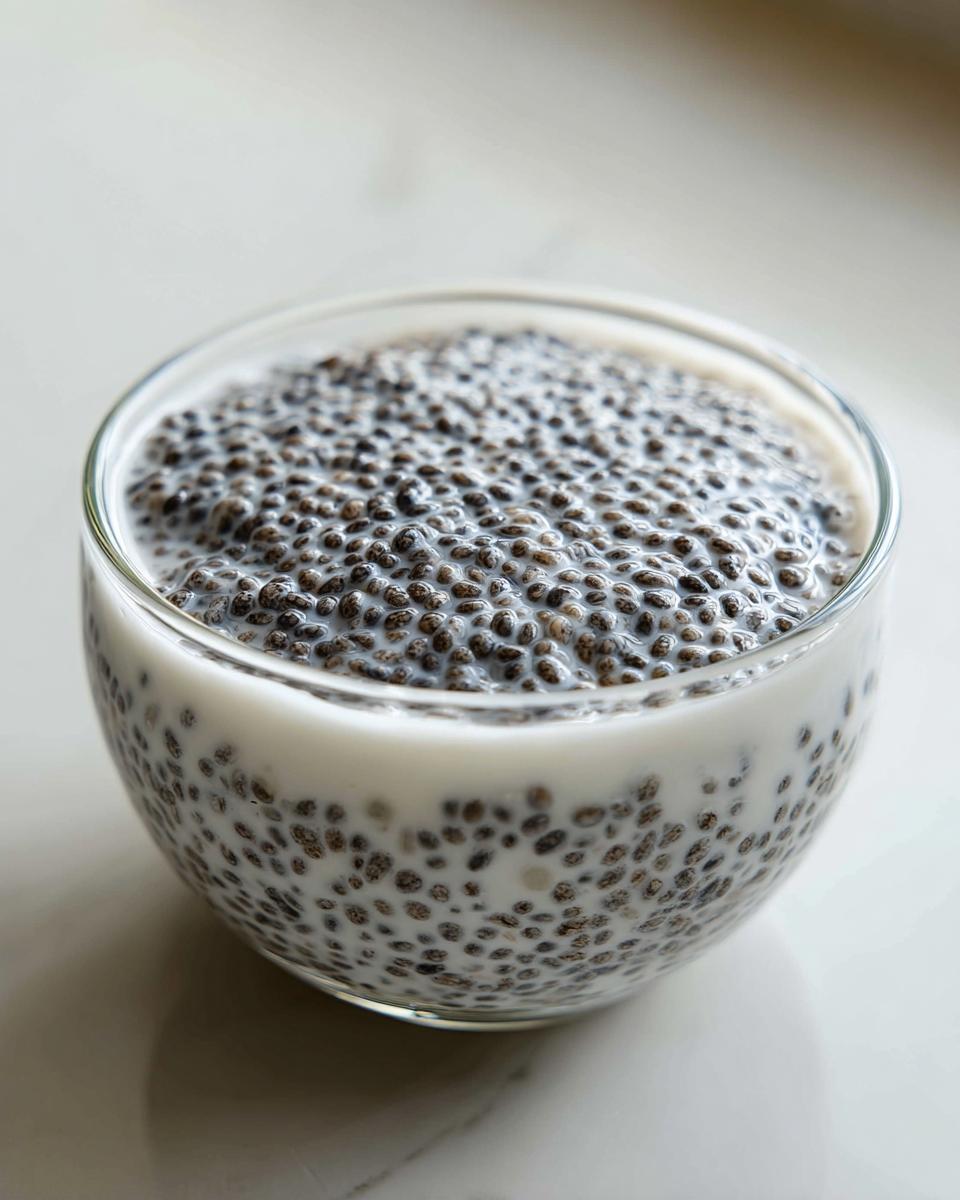 Close-up of chia seeds soaking in white liquid, forming the base for coconut chia pudding in a clear glass.