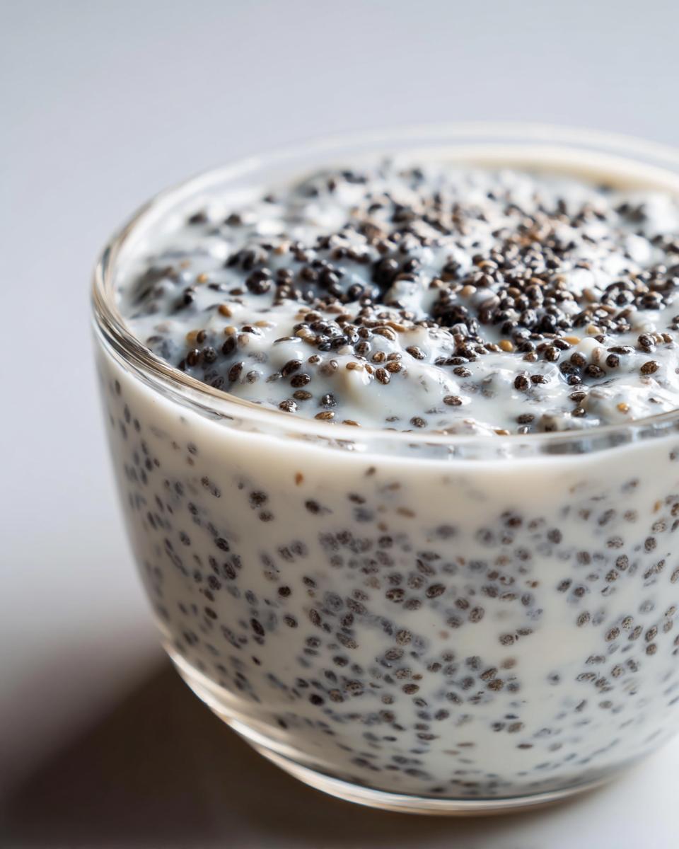 Close-up of creamy coconut chia pudding with visible black chia seeds throughout and sprinkled on top.
