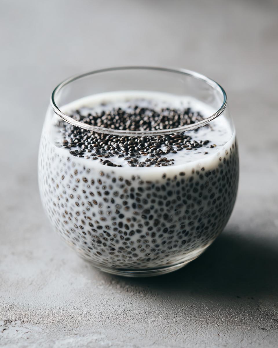 Close-up of coconut chia pudding showing soaked chia seeds in white liquid inside a clear glass.