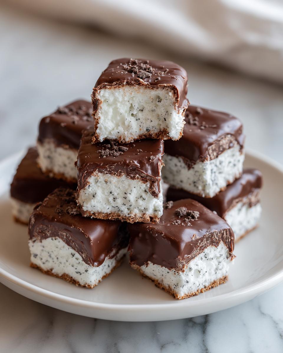 A stack of homemade cool whip candy squares with a creamy white filling and thick chocolate topping.