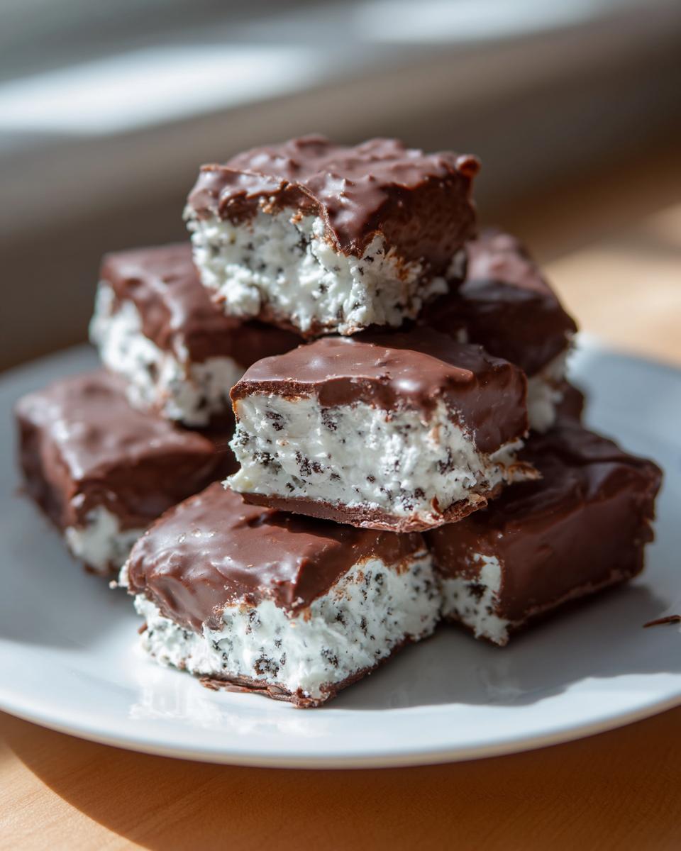 A stack of homemade cool whip candy bars, featuring a white, speckled filling covered in thick chocolate.