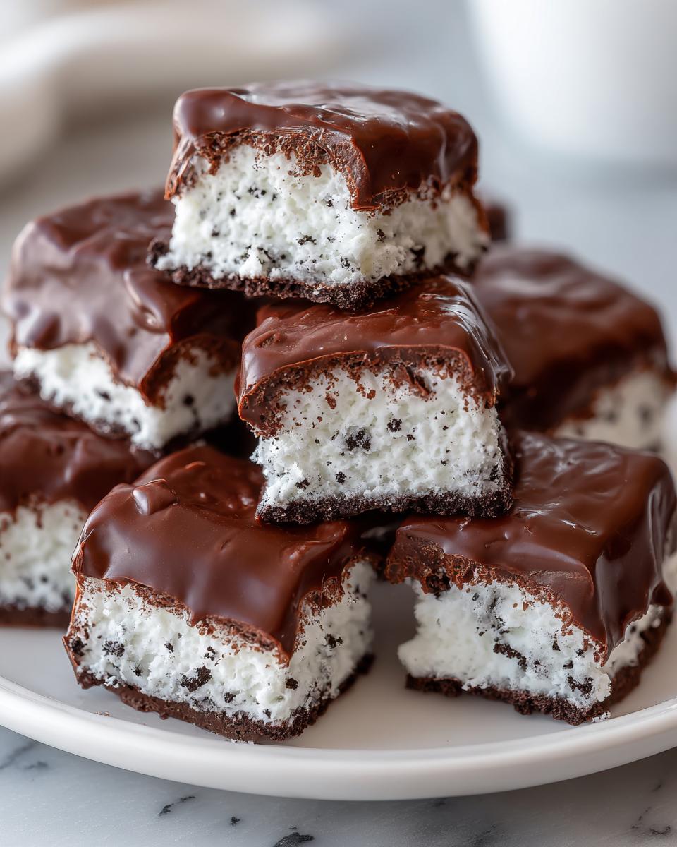 A stack of homemade cool whip candy bars featuring a white, speckled filling, chocolate crust, and thick chocolate topping.