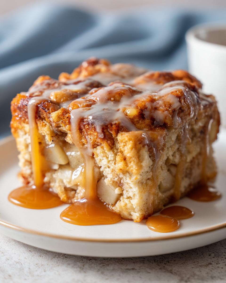 A square serving of apple bread pudding topped with vanilla glaze and dripping with caramel sauce.