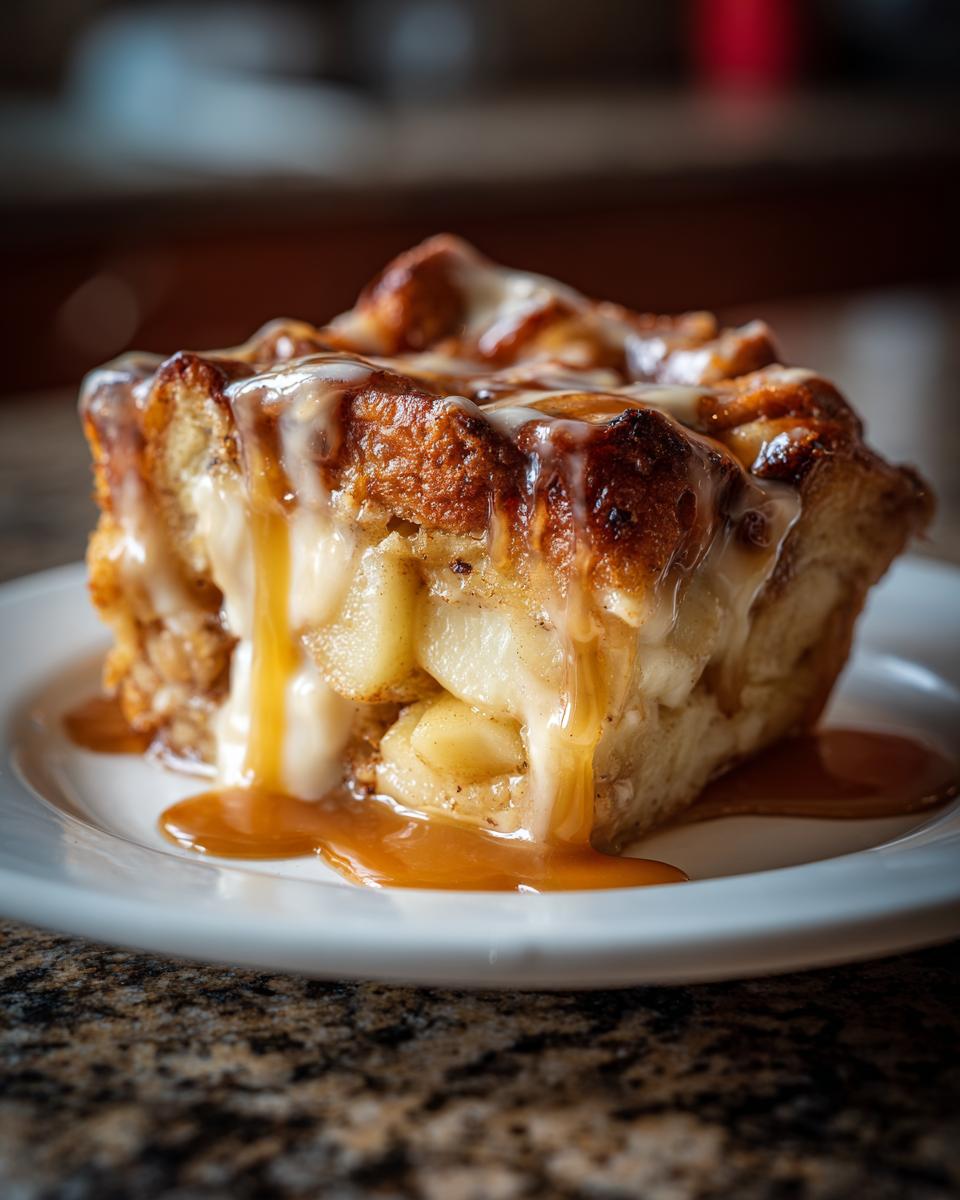 A warm, square serving of apple bread pudding topped with vanilla glaze and dripping caramel sauce.