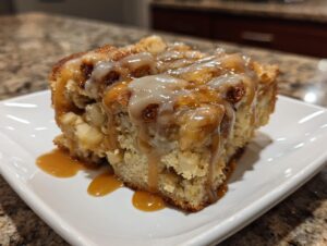 A square serving of warm apple bread pudding topped with thick caramel and vanilla glaze.