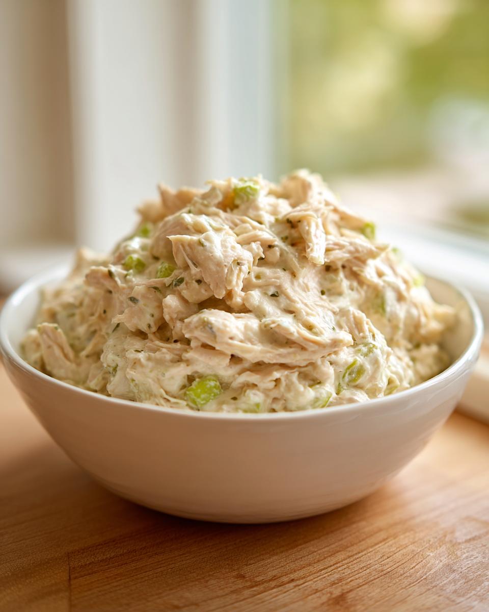 Close-up of shredded chicken mixed with a creamy sauce and green celery pieces, resembling the base for cream cheese chicken chili.