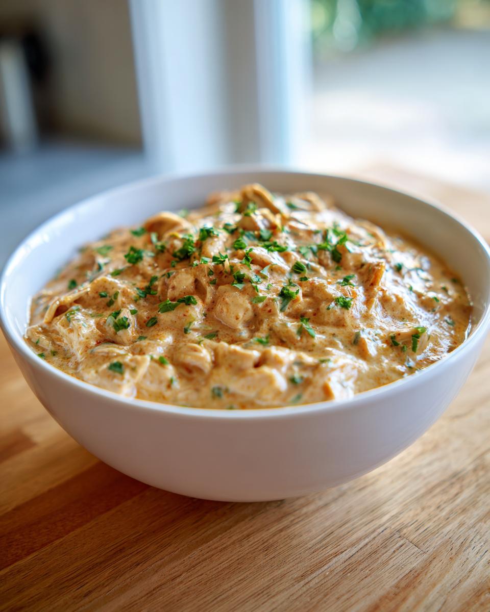A white bowl filled with creamy, orange-tinted cream cheese chicken chili, garnished with fresh chopped parsley.