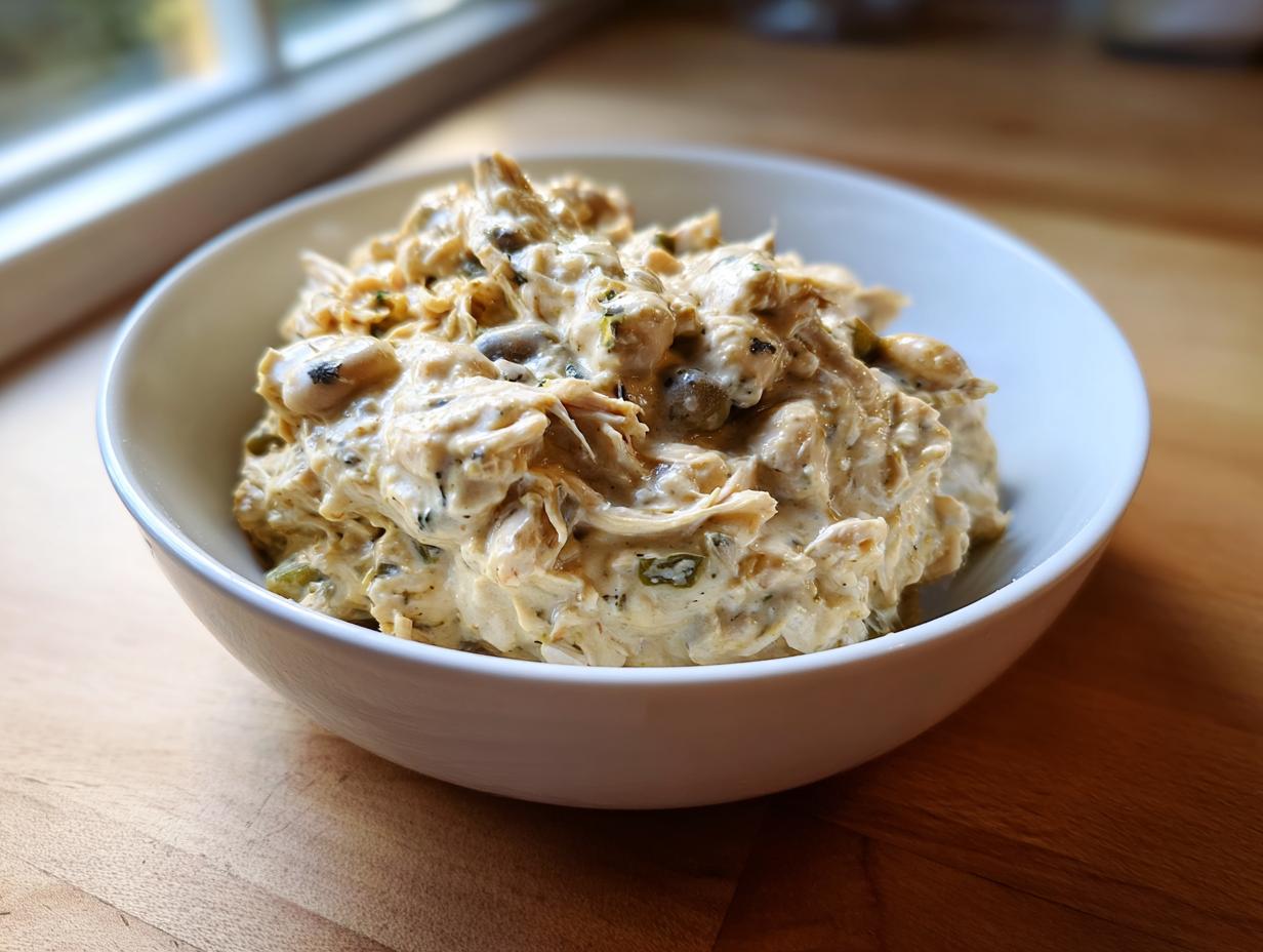 A close-up of thick, creamy cream cheese chicken chili served in a white bowl on a wooden surface.
