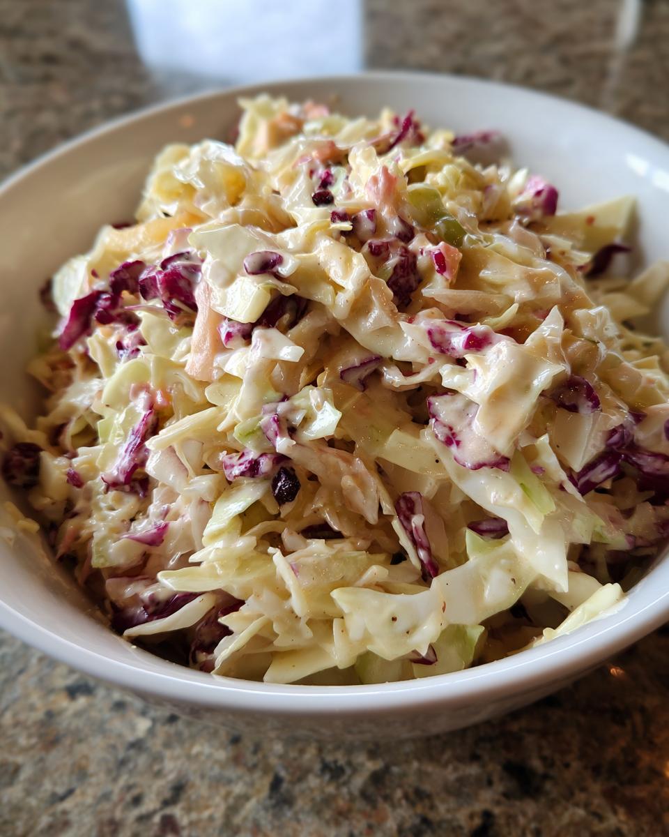 Close-up of creamy apple cranberry coleslaw featuring shredded cabbage, red cabbage, and dried cranberries in a white bowl.