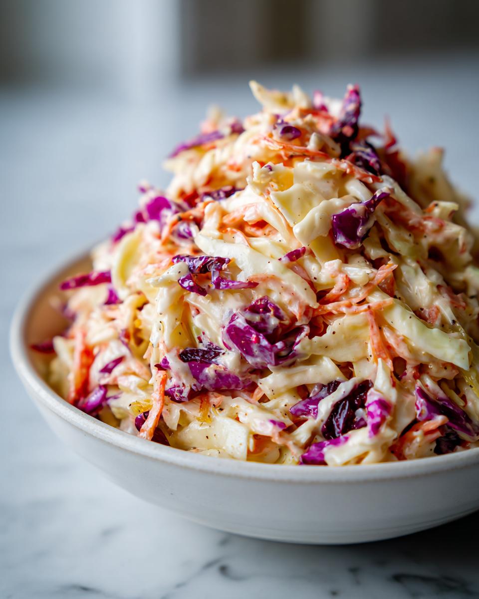 A close-up of creamy apple cranberry coleslaw featuring shredded cabbage, carrots, and visible cranberries in a white bowl.
