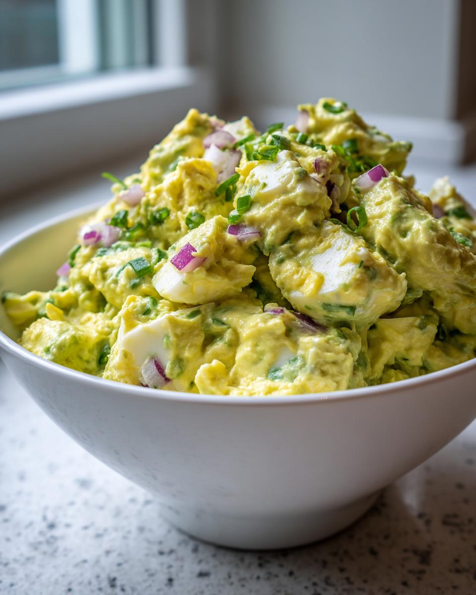 A close-up of creamy avocado egg salad packed into a white bowl, topped with diced red onion and chives.