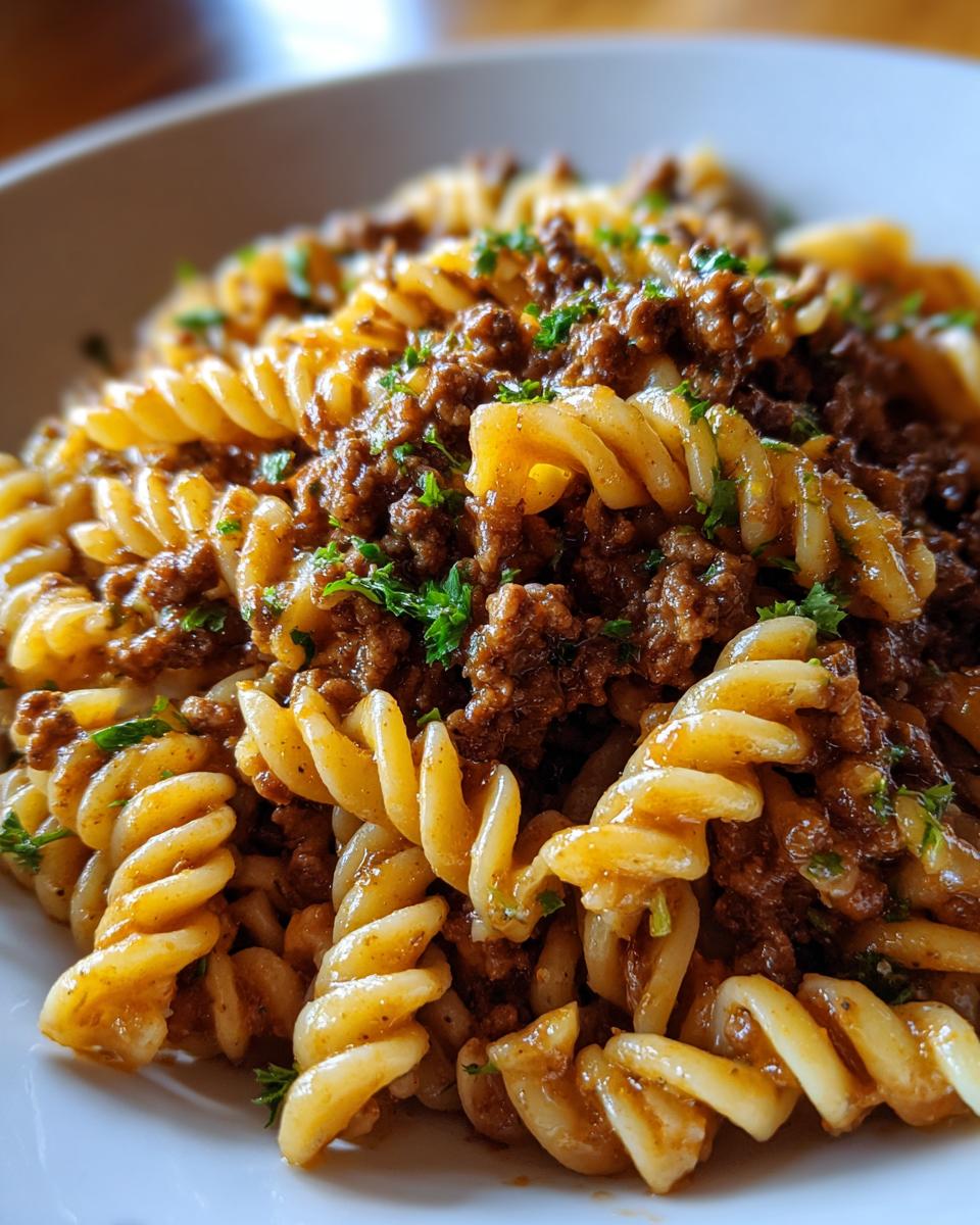 Close-up of creamy beef pasta featuring fusilli noodles generously topped with rich ground beef sauce and fresh parsley.