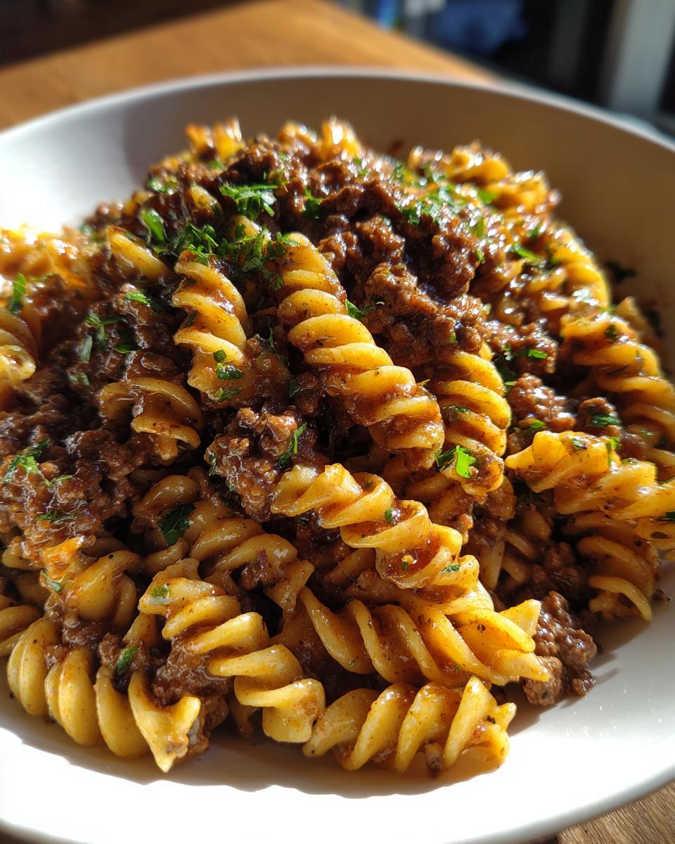 Close-up of creamy beef pasta made with fusilli noodles, topped with ground beef sauce and fresh parsley.