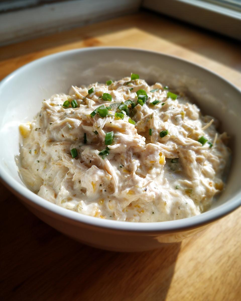 Close-up of a white bowl filled with creamy, shredded cream cheese chicken chili, garnished with chopped green onions.