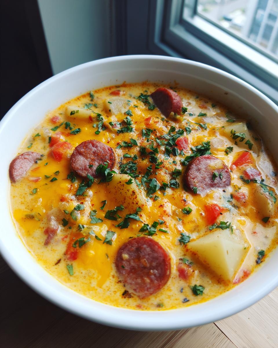 Close-up of a creamy, cheesy cajun potato soup bowl topped with sliced sausage and fresh parsley.