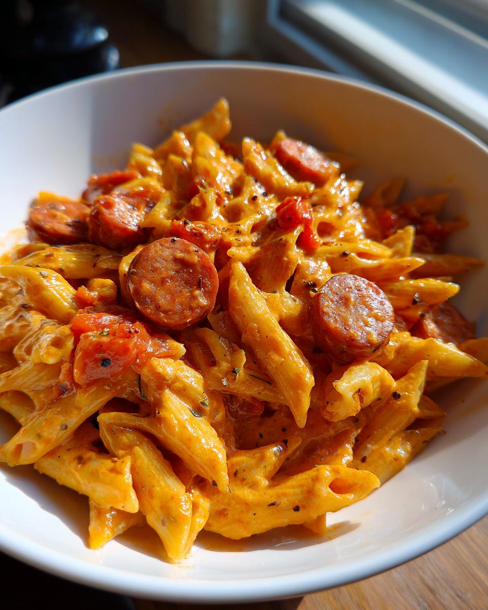 Close-up of creamy cajun sausage pasta featuring penne noodles and sliced sausage in a white bowl.