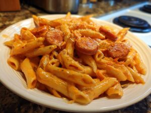 Close-up of a creamy, orange-sauced cajun sausage pasta with penne noodles on a white plate.