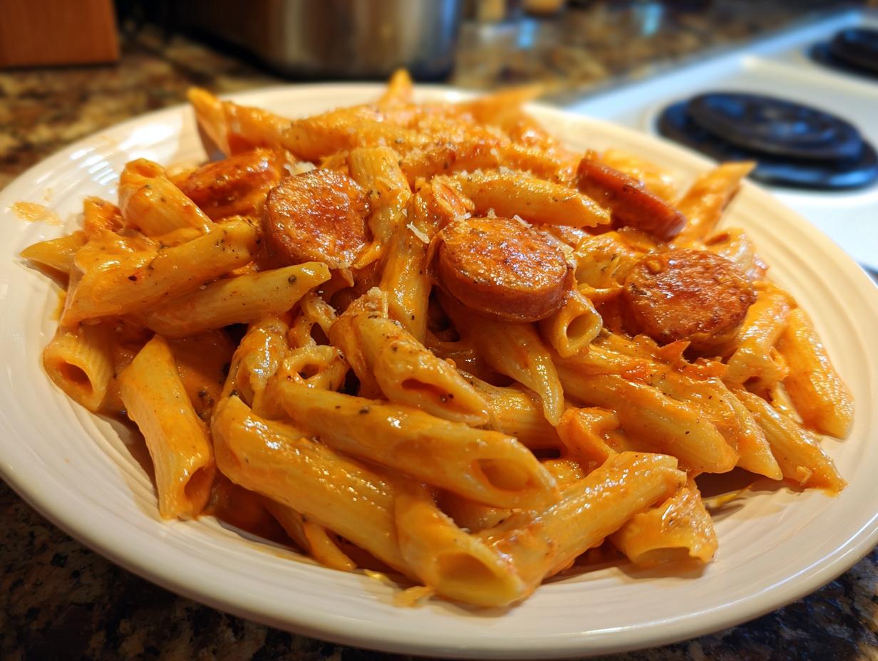Close-up of a creamy, orange-sauced cajun sausage pasta with penne noodles on a white plate.