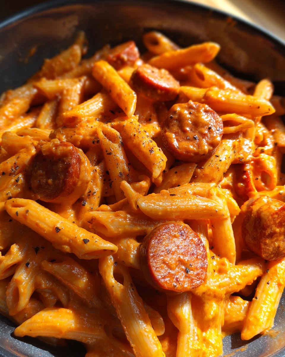 Close-up of creamy cajun sausage pasta featuring penne noodles and sliced, seasoned sausage.