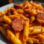 Close-up of creamy cajun sausage pasta featuring penne noodles and sliced, browned sausage.