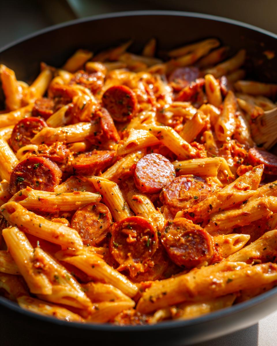 Close-up of creamy cajun sausage pasta made with penne, sliced sausage, and a rich red sauce.