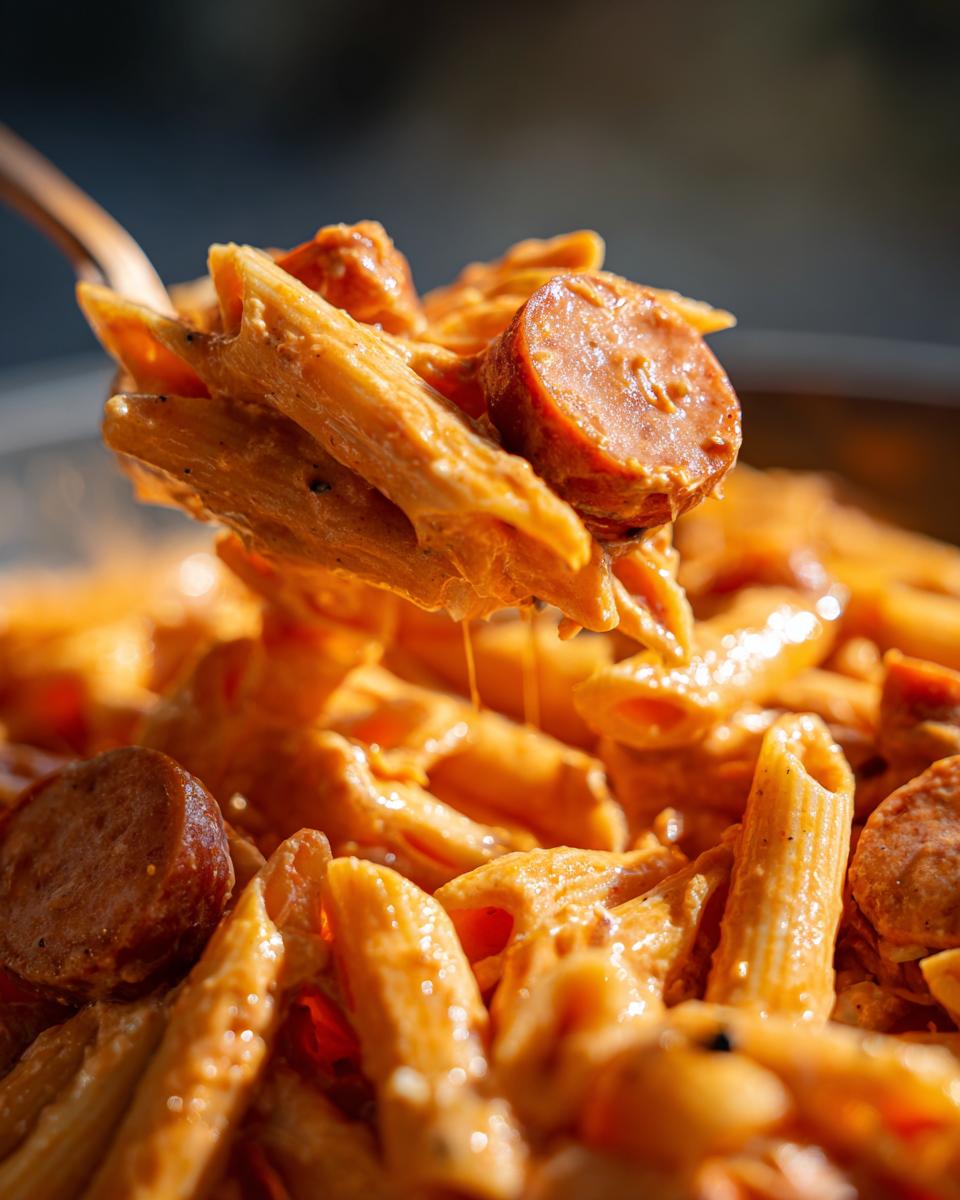 A spoonful of creamy cajun sausage pasta featuring penne noodles and sliced andouille sausage.