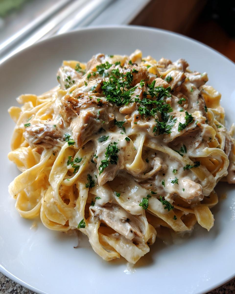 A close-up of creamy fettuccine pasta tossed with shredded chicken and topped with fresh parsley, ready to eat chicken alfredo.