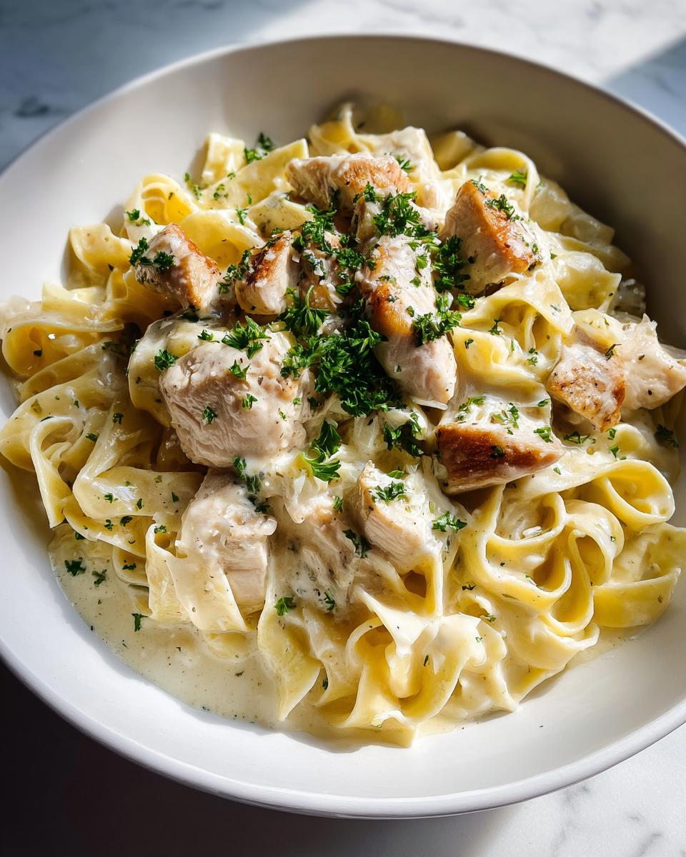 A close-up of a white bowl filled with creamy chicken alfredo pasta, topped with diced chicken and fresh parsley.