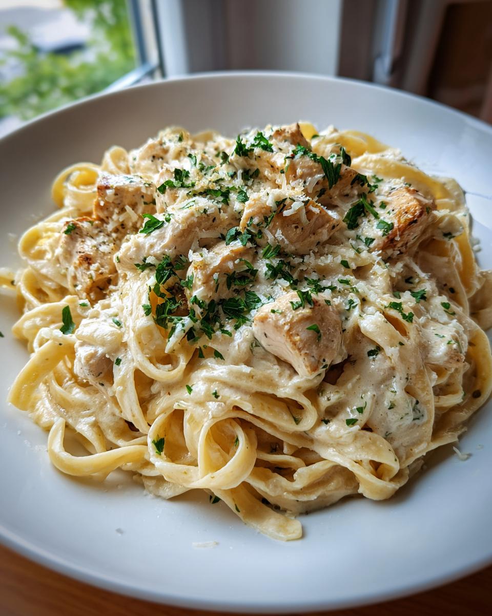 Close-up of creamy chicken alfredo pasta tossed with fettuccine, topped with diced chicken, parmesan, and parsley.